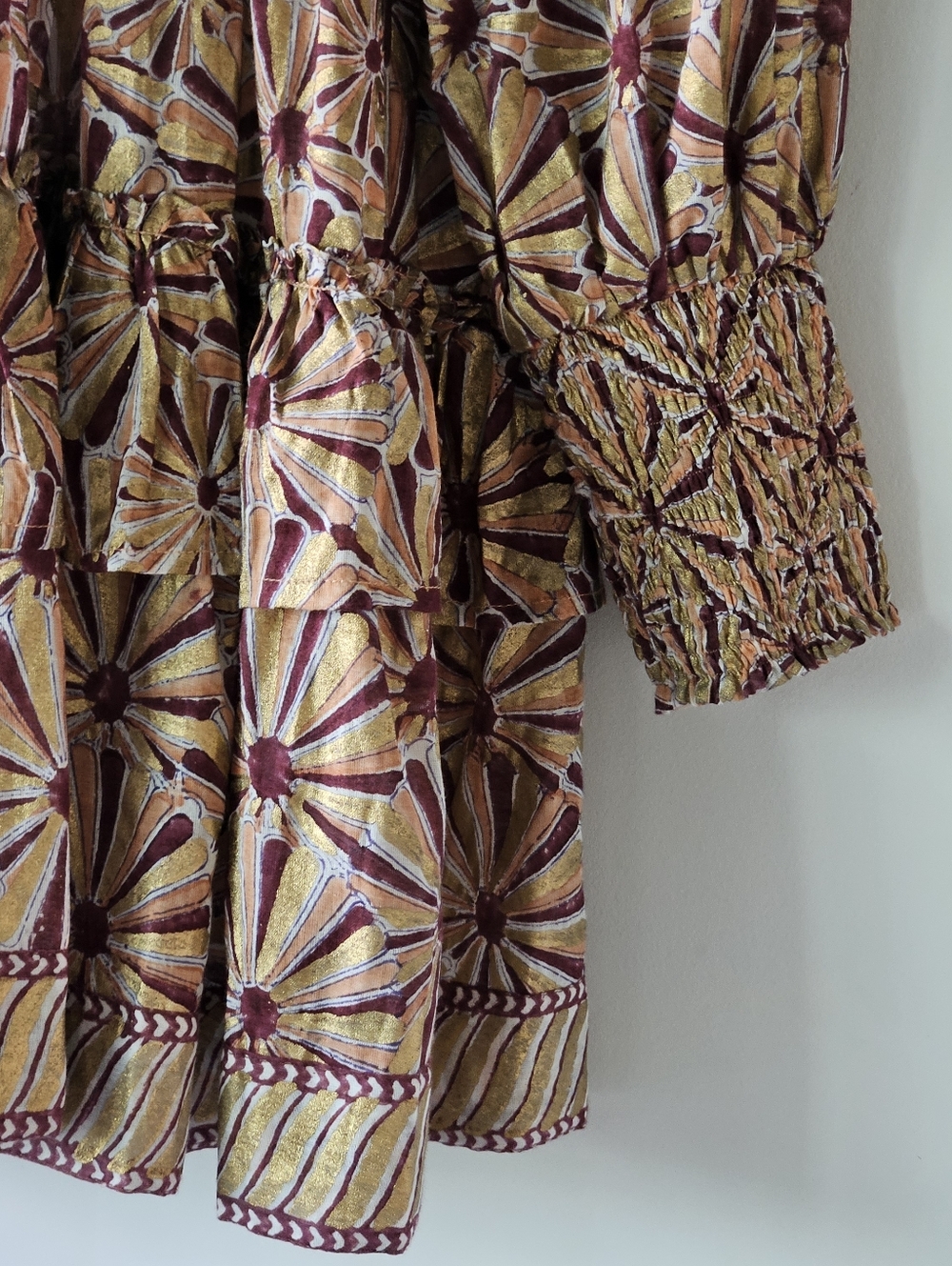 Oliphant Coated Gold Wine And Peach Graphic Printed Smocked Dress - Picture 7 of 10